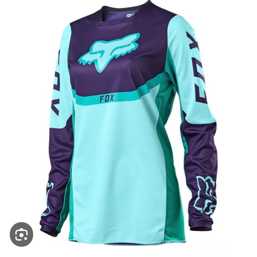 FOX Brand new, youth girls 180 voke jersey. Size youth large. Auqa and purple